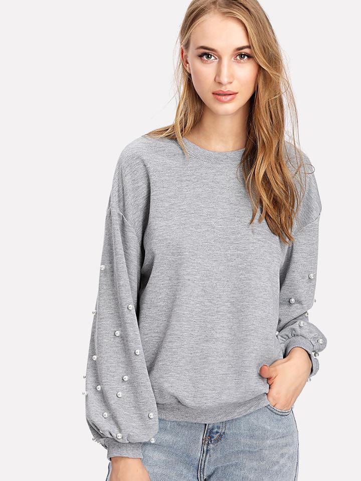 Romwe Pearl Beaded Drop Shoulder Pullover