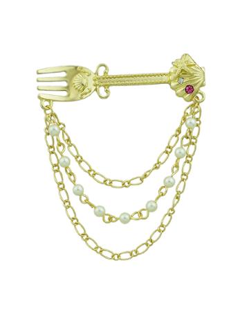 Romwe Retro Style Gold-color Chain With Simulated-pearl Shell Fork Brooch