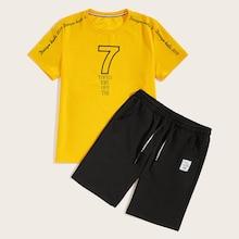 Romwe Guys Letter Print Tee & Drawstring Shorts