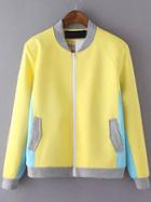 Romwe Contrast Collar Edge Pockets Zipper Yellow Jacket