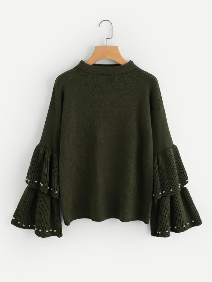 Romwe Pearl Embellished Tiered Trumpet Sleeve Jumper