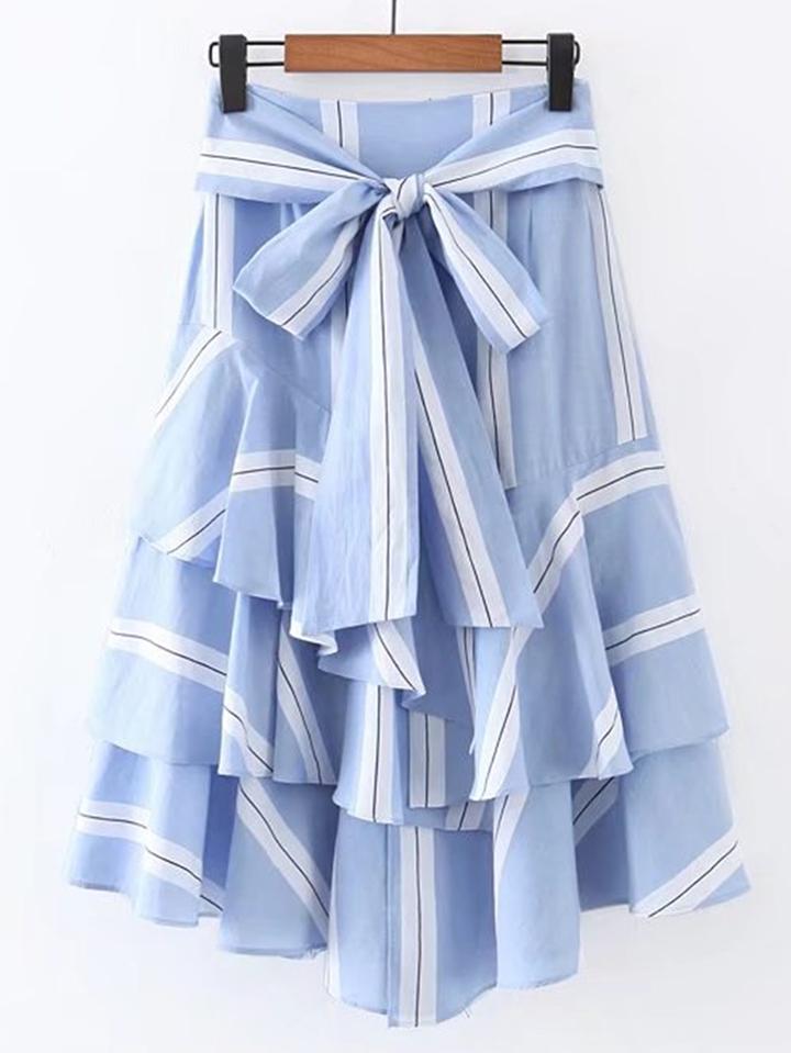 Romwe Bow Tie Waist Layered Ruffle Skirt