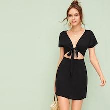 Romwe Solid Tie Front Plunging Neck Pencil Dress