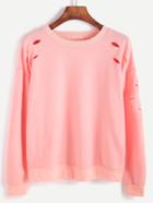Romwe Pink Dropped Shoulder Seam Distressed Sweatshirt