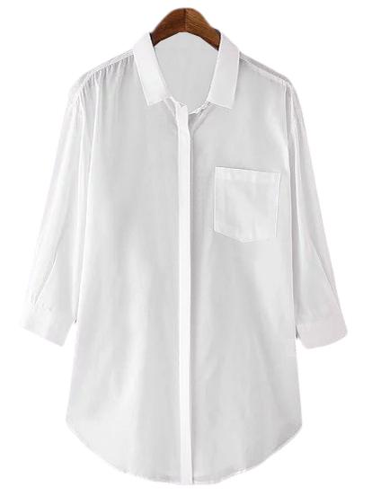 Romwe White Pocket Print Back Lapel Blouse