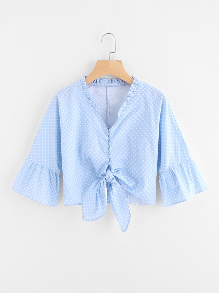 Romwe Polka Dot Knot Front Frill Trim Blouse