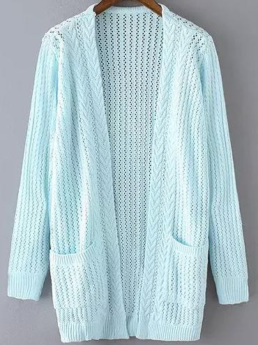 Romwe Open-knit Pockets Blue Cardigan