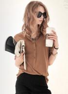 Romwe Stand Collar With Buttons Khaki Blouse