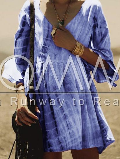 Romwe Blue V-neck Bell Sleeve Backless Dress