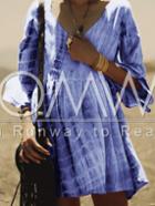 Romwe Blue V-neck Bell Sleeve Backless Dress