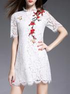 Romwe White Eyelash Lace Embroidered Shift Dress