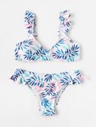 Romwe Allover Plant Print Frill Trim Bikini Set
