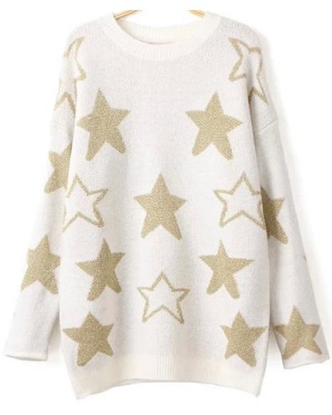 Romwe Stars Print Loose Knit White Sweater