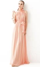 Romwe Stand Collar Off-shoulder Chiffon Pink Dress