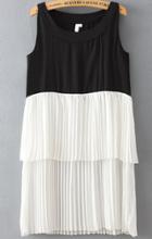 Romwe Sleeveless Color-block Chiffon Pleated Dress