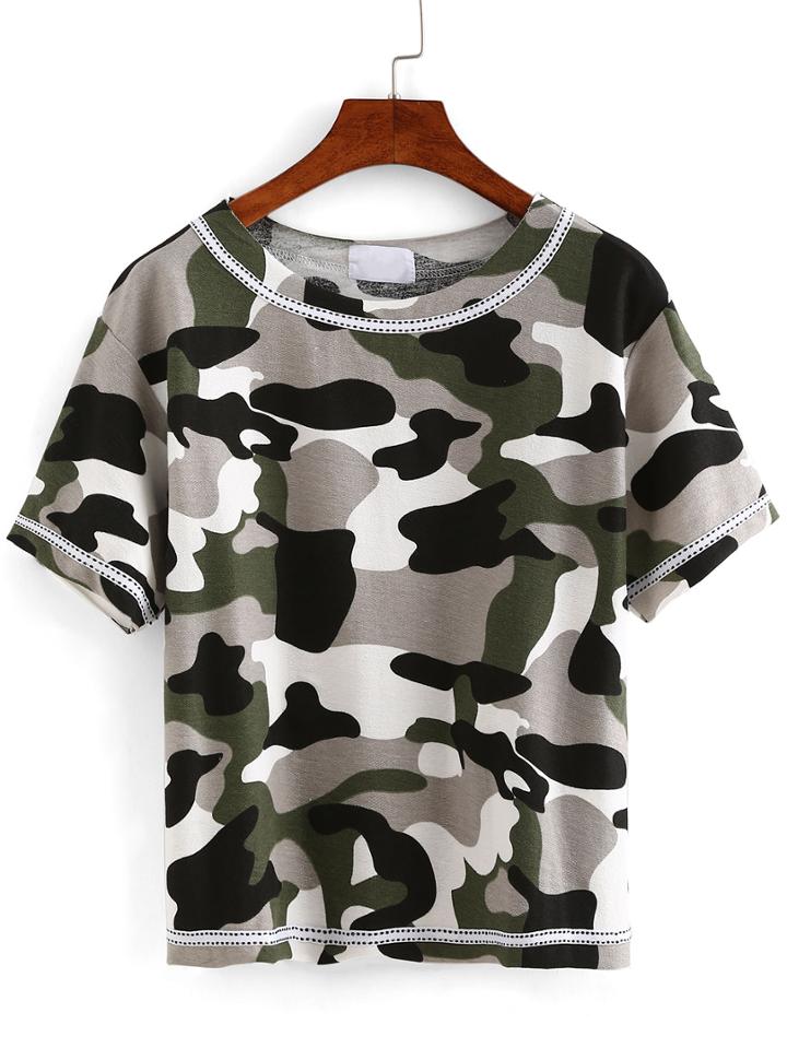 Romwe Contrast Binding Camouflage T-shirt