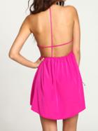 Romwe Rose Red Magenta Halter Open Back Dress