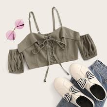Romwe Lace Up Shirred Cold Shoulder Crop Blouse