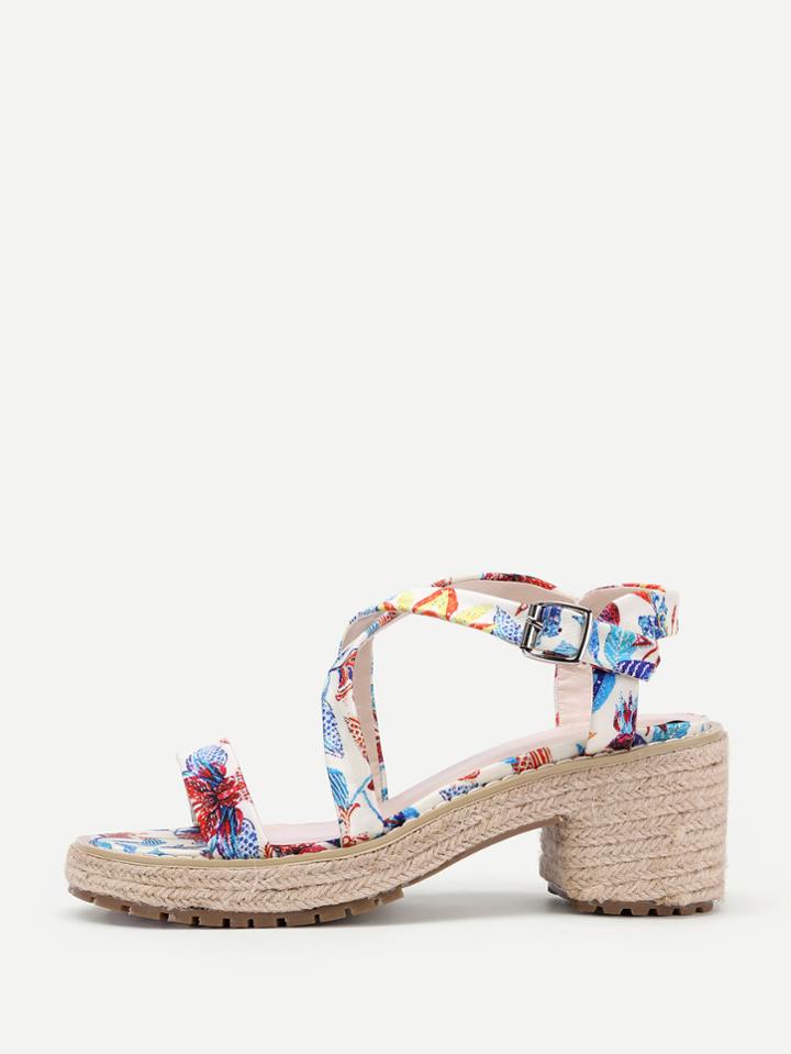 Romwe Cross Strap Flower Pattern Woven Sandals