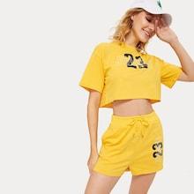 Romwe Letter Print Top With Drawstring Waist Shorts