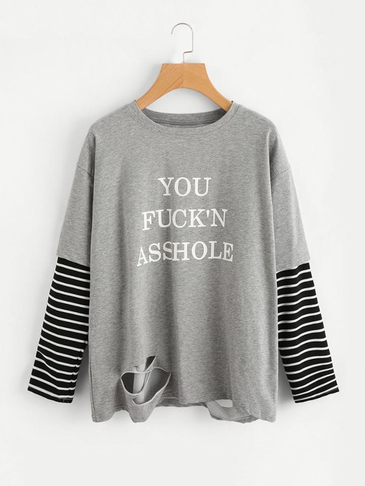 Romwe Contrast Striped Sleeve Slogan Print Ripped Tee