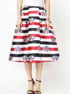 Romwe Striped Peking Opera Print Flare Skirt