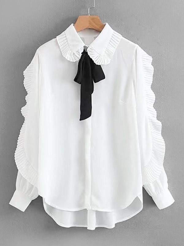 Romwe Pleated Trim Tie Neck High Low Blouse