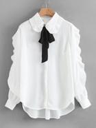 Romwe Pleated Trim Tie Neck High Low Blouse