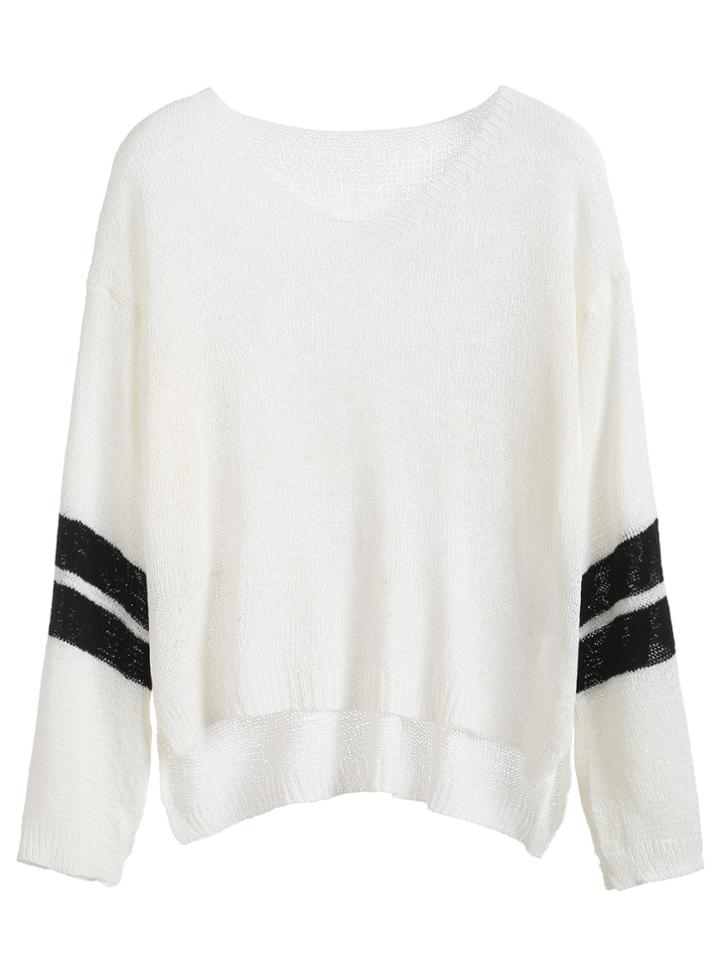 Romwe Beige Stripe Sleeve Drop Shoulder Dip Hem Sweater