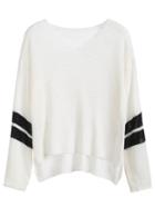 Romwe Beige Stripe Sleeve Drop Shoulder Dip Hem Sweater