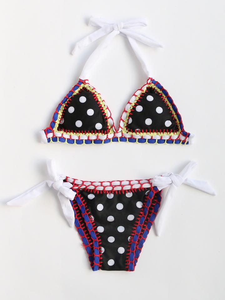 Romwe Polka Dot Crochet Trim Halter Bikini Set