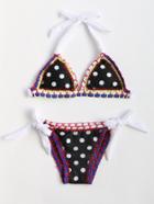 Romwe Polka Dot Crochet Trim Halter Bikini Set