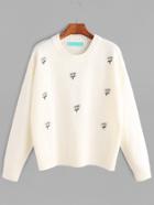 Romwe Beige Drop Shoulder Daisy Embroidery Sweater