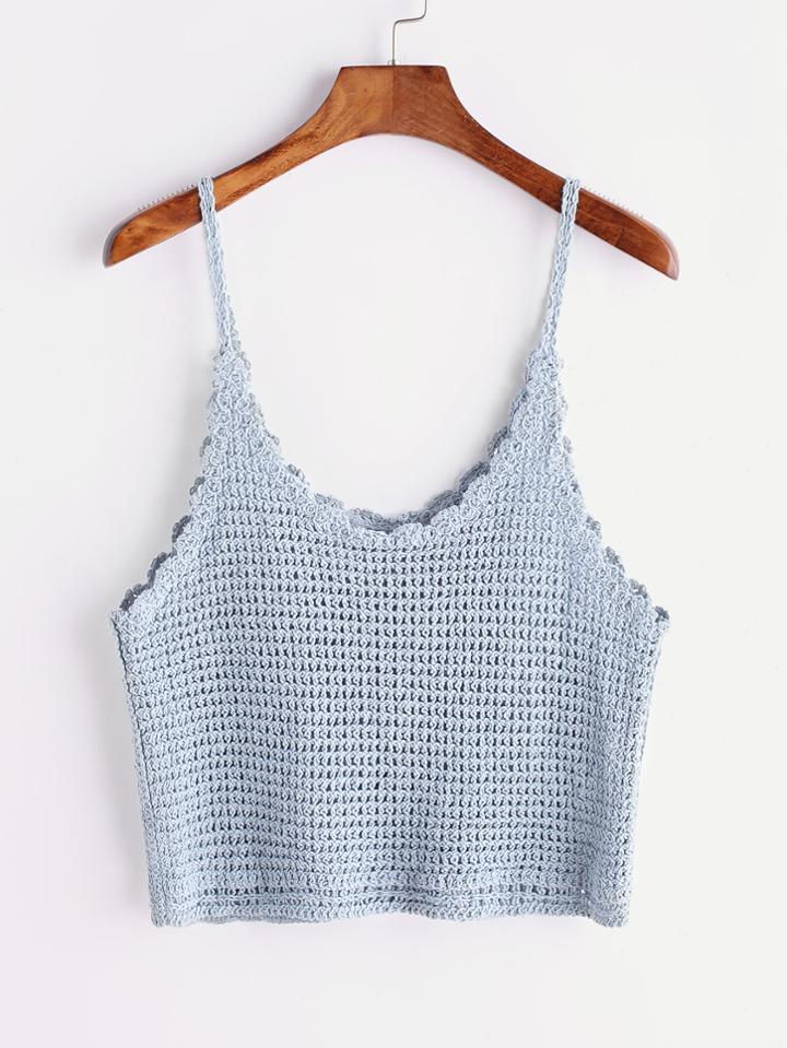 Romwe Blue Scalloped Hem Knitted Cami Top