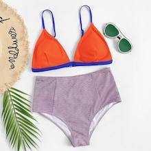 Romwe Contrast Piping Top With Striped Bikini Set