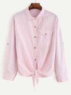 Romwe Pink Vertical Striped Knotted Front Button Blouse