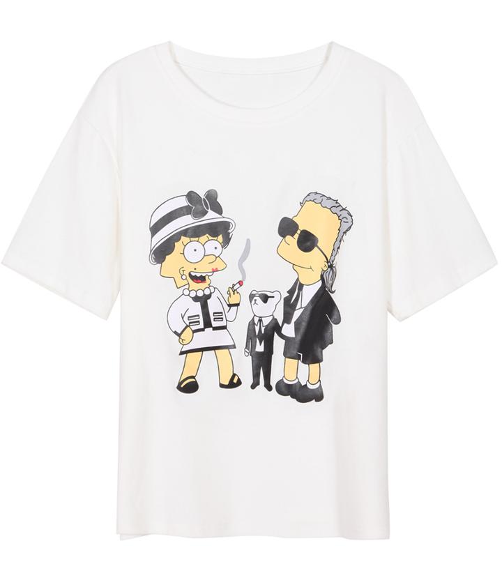 Romwe Round Neck Simpson Pattern Loose White T-shirt