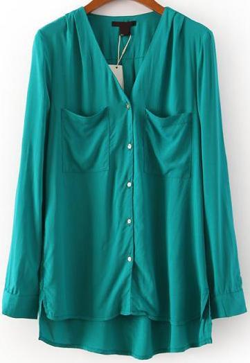 Romwe V Neck Pockets Dipped Hem Green Blouse