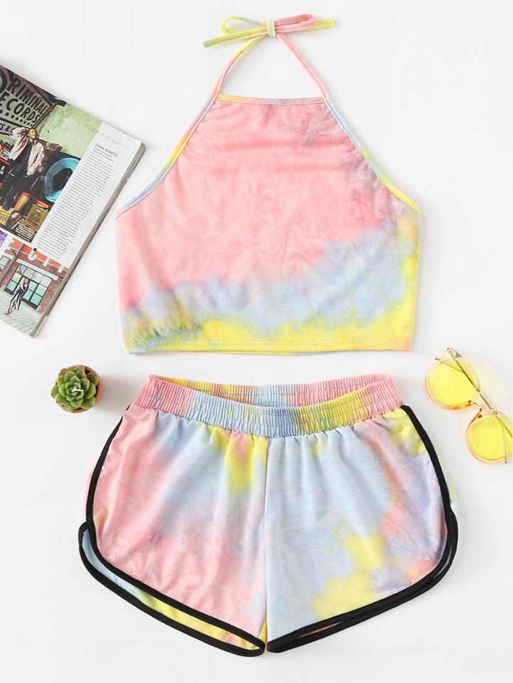 Romwe Tie Dye Crop Cami And Shorts Set