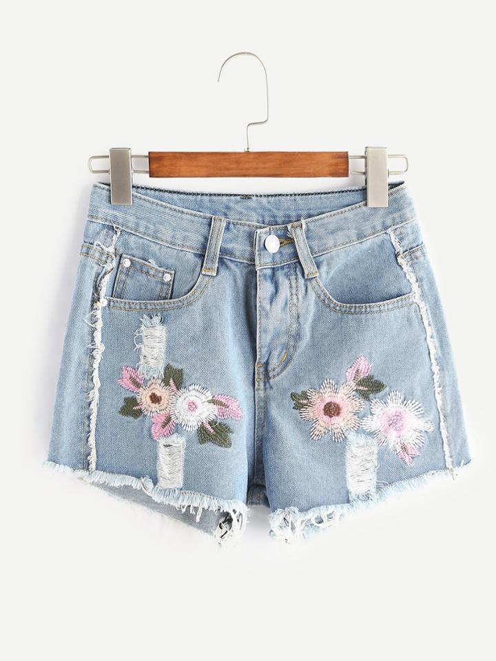 Romwe Light Blue Embroidered Ripped Raw Hem Denim Shorts