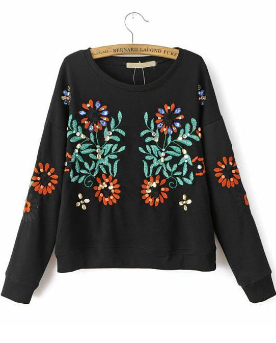 Romwe Flower And Rhinestone Embroidered Black Sweatshirt