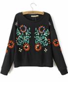 Romwe Flower And Rhinestone Embroidered Black Sweatshirt