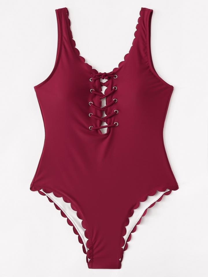 Romwe Grommet Lace Up Scalloped Tank Swimsuit