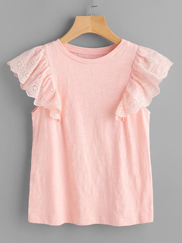 Romwe Slub T-shirt With Eyelet Embroidered Ruffle Cap Sleeve