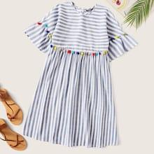 Romwe Colorful Pompom Detail Striped Smock Dress
