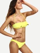 Romwe Halter Neck Flounce Bikini Set - Yellow
