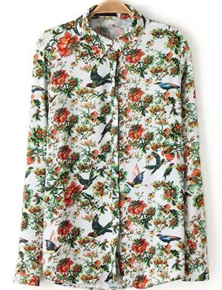 Romwe Floral Birds Print Loose Blouse