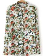 Romwe Floral Birds Print Loose Blouse