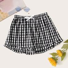Romwe Gingham Plaid Drawstring Waist Ruffle Hem Shorts