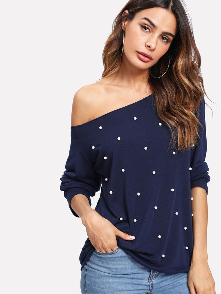 Romwe Pearl Beading Raw Cut Bardot Tee